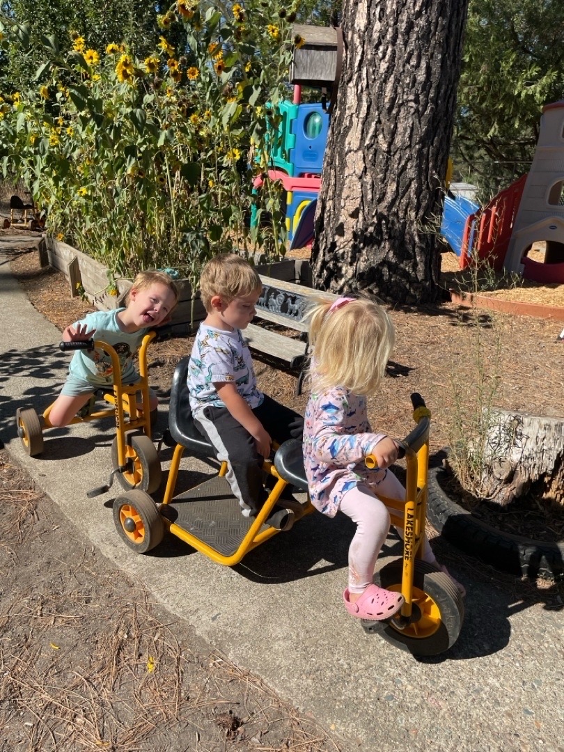 Three preschool children riding a trike train outdoors near sunflowers at Mother Lode Mountain Tots.